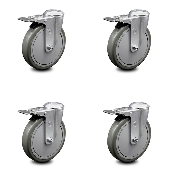 6 Inch Gray Polyurethane Swivel Bolt Hole Caster Set with Total Lock Brake SCC